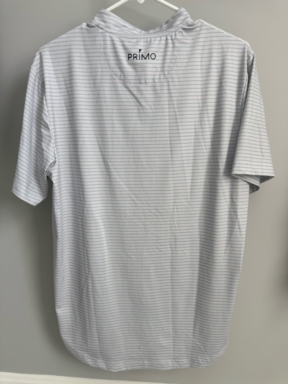 Primo Golf Band Collar Polo Shirt Men Medium White Blue Stripe Performance - Picture 3 of 3
